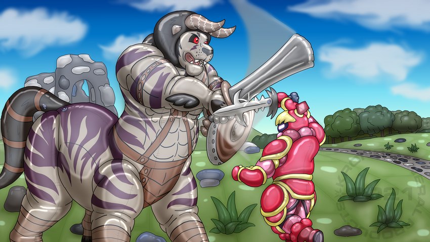 anthro battle blocking detailed_background duo female fight grass horn inflatable knight male male/female melee_weapon plant printed_eyes red_eyes ruins shield sky sword swordplay tree warrior weapon tankaakumawani breath_of_the_wild nintendo runescape the_legend_of_zelda ruby_inflatiknight animate_inanimate humanoid living_armor living_inflatable lynel taur 16:9 hi_res widescreen