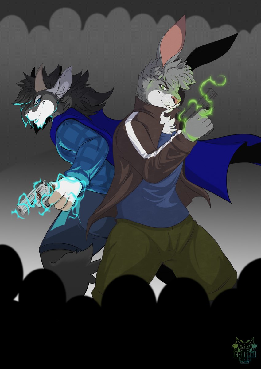 anthro back_to_back biped black_body black_fur black_hair blue_bottomwear blue_cape blue_clothing blue_shorts bottomwear brown_clothing brown_jacket brown_topwear cape clothing countershade_fur countershading duo fur green_bottomwear green_clothing green_shorts grey_body grey_fur grey_hair grin gun hair handgun holding_gun holding_object holding_ranged_weapon holding_weapon horn jacket leather leather_clothing leather_jacket leather_topwear magic_user male multicolored_body multicolored_fur pistol ranged_weapon revolver shirt shorts smile standing surrounded tank_top topwear two_tone_body two_tone_fur weapon white_body white_countershading booshie flick_(druss666uk) warren_(druss666uk) alpine_goat bovid caprine domestic_goat goat lagomorph leporid mammal rabbit 2024 digital_drawing_(artwork) digital_media_(artwork) hi_res