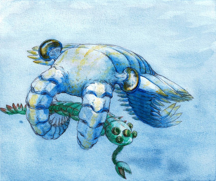 5_eyes ambiguous_gender blue_body caught_in_the_act duo feral green_body green_eyes multi_eye predator/prey red_stripes stripes underwater water yellow_eyes yellow_stripes armel_(artist) anomalocarid anomalocaris arthropod marine opabinia prehistoric_species 2017 painting_(artwork) traditional_media_(artwork) watercolor_(artwork)