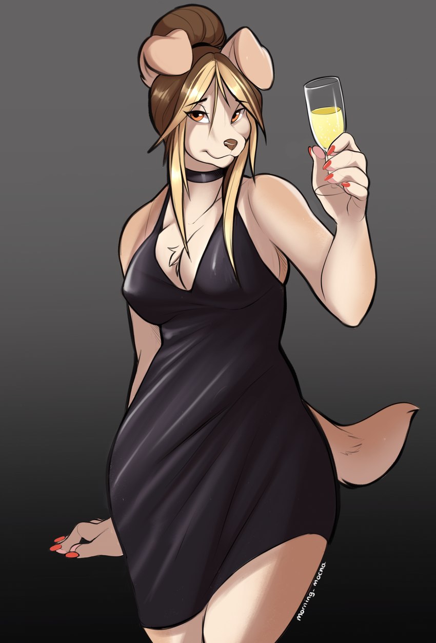 anthro black_clothing black_dress breasts brown_hair champagne_bottle champagne_glass chest_tuft choker cleavage clothed clothing cocktail_dress container cup dress drinking_glass female floppy_ears fully_clothed fur glass glass_container glass_cup hair hair_bun jewelry looking_at_viewer necklace solo tan_body tan_fur tuft mocha-wing canid canine canis domestic_dog mammal hi_res