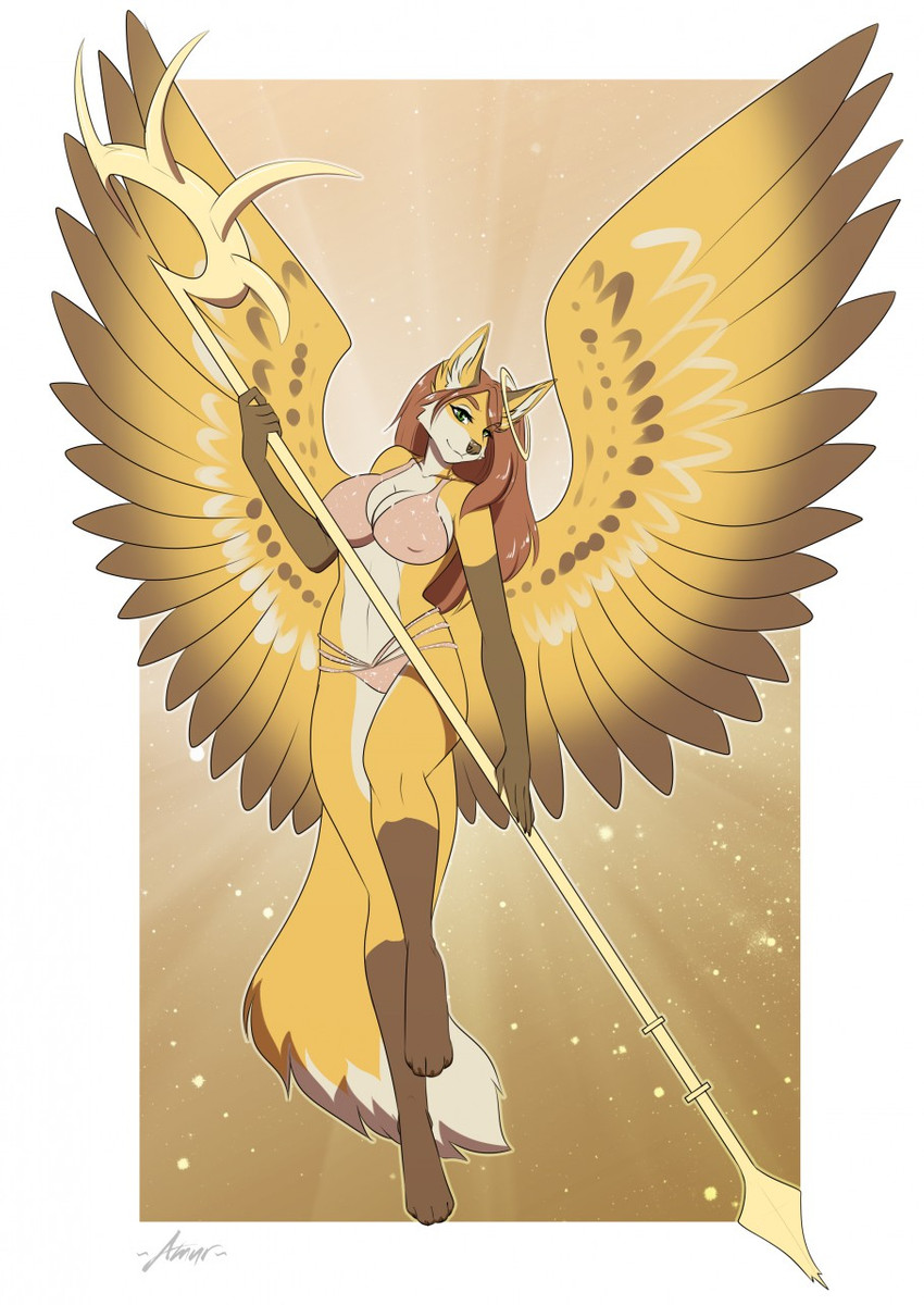 4_toes 5_fingers anthro biped brown_hair clothed clothing eyebrows feathered_wings feathers feet female fingers green_eyes hair halo melee_weapon polearm solo toes weapon wings amur angel canid canine fox mammal 2020 digital_media_(artwork) hi_res