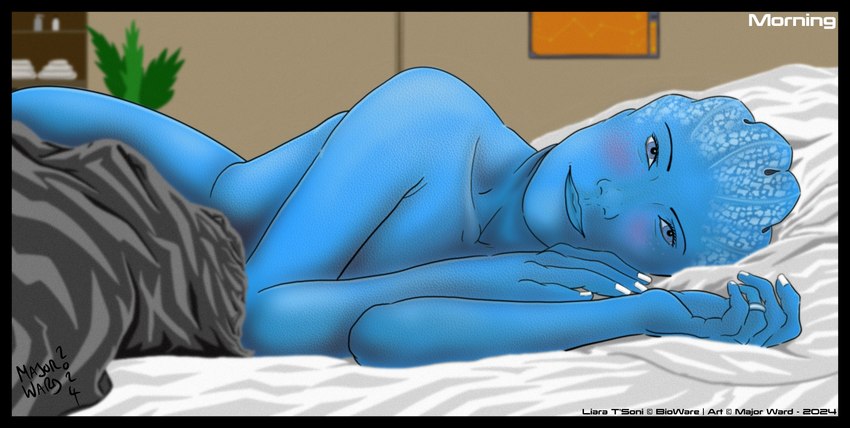 after_sex bed bedding bedroom bedroom_eyes blush blushing_at_viewer digit_ring female furniture happy jewelry married married_woman narrowed_eyes nude ring seductive smile smiling_at_another smiling_at_partner smiling_at_viewer solo tired waking waking_up wedding_ring wife major_ward bioware electronic_arts mass_effect liara_t'soni asari humanoid hi_res