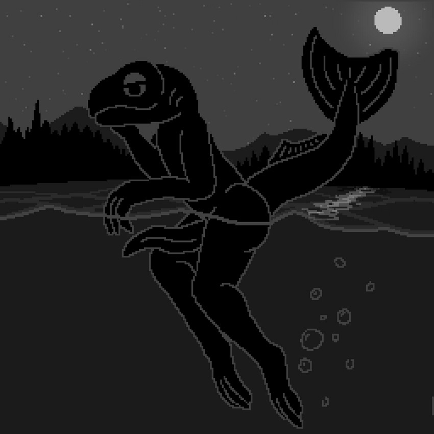 anthro genitals gills half-closed_eyes male narrowed_eyes outside partially_submerged penis simple_background sky smile smug solo star starry_sky swimming tapering_penis waterline_view noodlybat fish marine salmon salmonid_(fish) 1:1 digital_media_(artwork) monochrome pixel_(artwork)