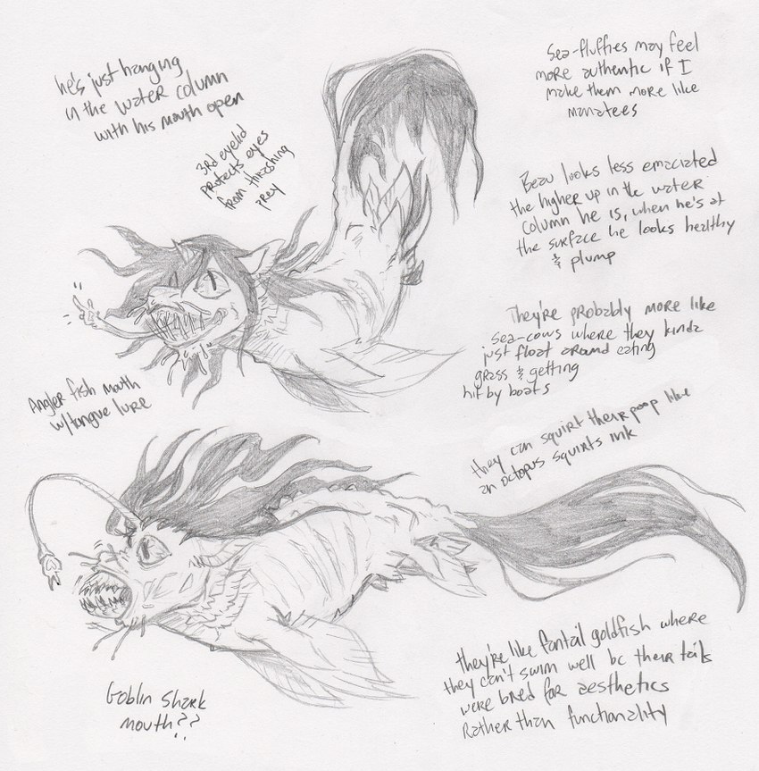 ambiguous_gender duo feral fin gills horn lore lure_(anatomy) mane pupils sharp_teeth simple_background slit_pupils tail teeth text white_background ed_mortis fluffy_pony fluffy_pony_(species) mammal marine seafluff 2022 concept_art english_text graphite_(artwork) greyscale handwritten_text monochrome sketch sketch_page traditional_media_(artwork)