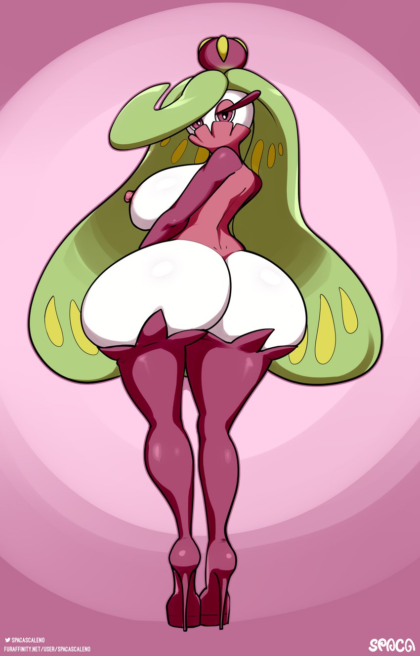 big_breasts big_butt breasts butt clothing female green_hair hair huge_butt looking_at_viewer nipples not_furry pink_nipples plant simple_background solo text spaca nintendo pokemon elemental_creature flora_fauna generation_7_pokemon humanoid mammal pokemon_(species) tsareena absurd_res cel_shading digital_media_(artwork) hi_res shaded