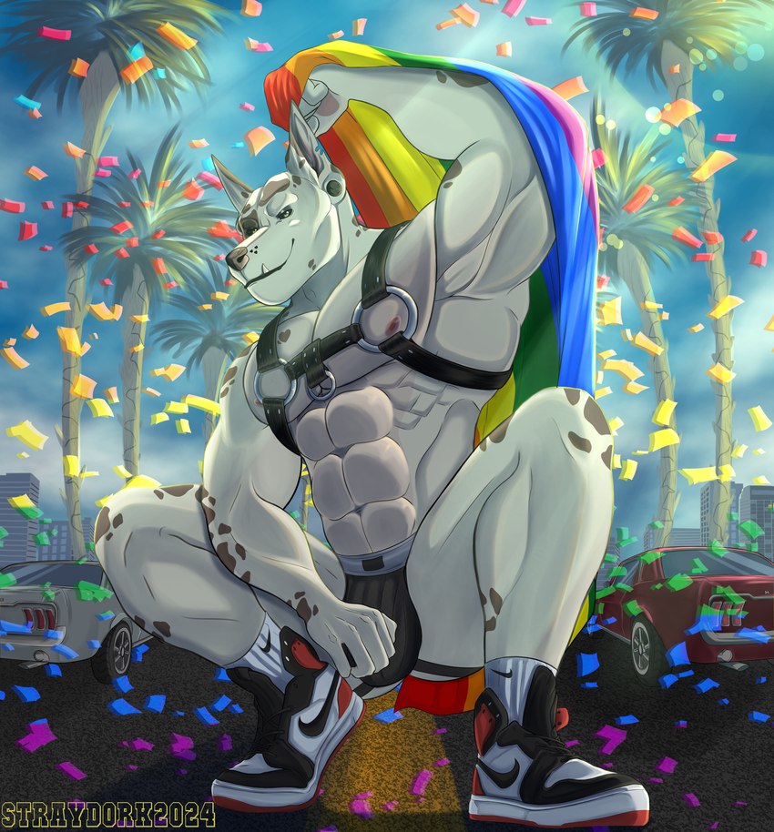 abs anthro barazoku biped bulge car clothing detailed_background flag flag_(object) footwear holding_flag holding_object jockstrap lgbt_pride male male_anthro muscular muscular_anthro muscular_male nipples pecs plantigrade pride_color_flag pride_colors rainbow_pride_colors shoes six-stripe_rainbow_pride_colors solo underwear vehicle strayd0rk jordan_(brand) nike canid canine canis dobermann domestic_dog mammal pinscher absurd_res hi_res