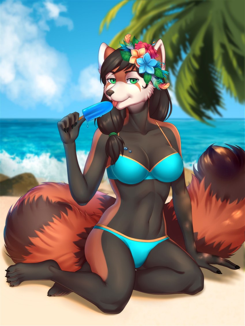 4_toes 5_fingers anthro beach bikini black_body black_fur black_hair breasts brown_body brown_fur clothed clothing day detailed_background eyebrows eyelashes feet female fingers fur green_eyes hair looking_at_viewer navel outside sand seaside shoreline sky smile solo swimwear toes two-piece_swimsuit water littlemomoko ailurid mammal red_panda 2021 3:4 digital_media_(artwork) hi_res