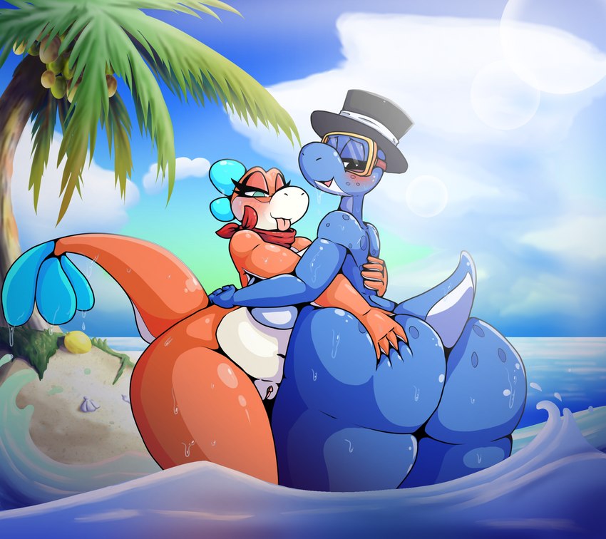 anthro beach big_breasts big_butt blue_body blue_skin blush breasts butt clothing detailed_background duo eyewear female female/female genitals goggles hat headgear headwear huge_butt kerchief orange_body orange_skin outside palm_tree plant pussy sand seaside tail thick_thighs tongue tree water wet wide_hips iguanasarecool mario_bros nintendo super_mario_3d_world super_mario_odyssey dorrie plessie dinosaur prehistoric_species reptile scalie hi_res