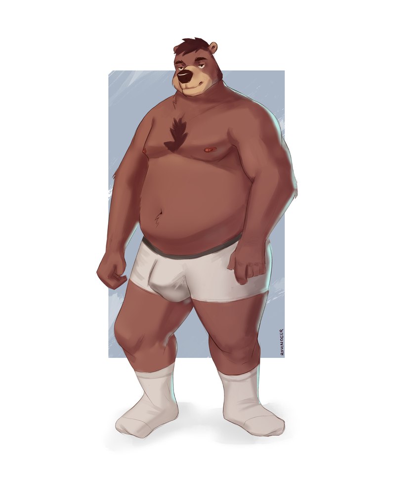 anthro belly brown_body bulge clothing humanoid_hands male moobs navel nipples overweight overweight_male solo underwear rovindeer bear mammal 2020 absurd_res hi_res