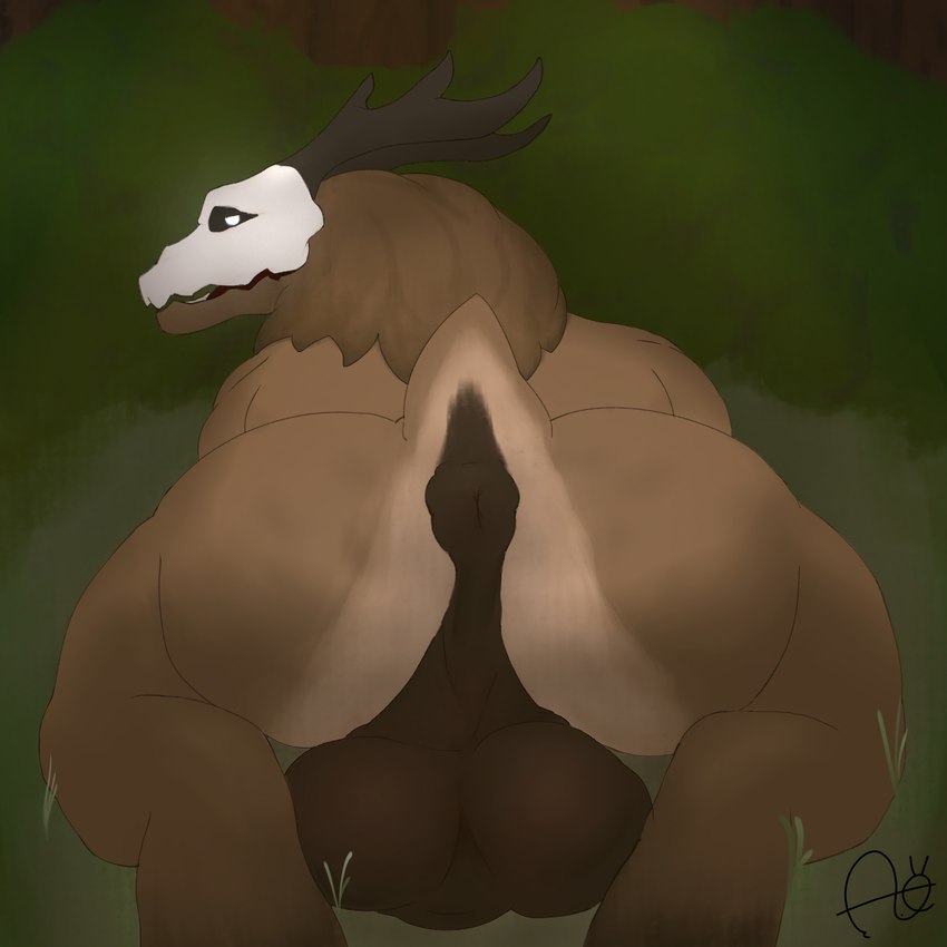 animal_genitalia anthro antlers anus aroused balls bed big_balls big_butt black_antlers bone brown_body brown_fur butt butt_focus detailed_background fur furniture genitals hooves horn huge_balls huge_butt looking_back lying male mature_male on_front on_grass on_ground outside plant puckered_anus puffy_anus pupils raised_tail saggy_balls scut_tail short_tail shrub skull skull_head solo tail tail_anus tree white_pupils aimskull american_mythology indigenous_north_american_mythology mythology north_american_mythology deer mammal monster mythological_creature wendigo 1:1 2025 absurd_res digital_drawing_(artwork) digital_media_(artwork) hi_res signature