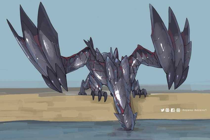 ambiguous_gender black_body black_claws black_scales claws drinking_water feral finger_claws long_neck quadruped scales solo wings xezeno capcom monster_hunter mythology dragon elder_dragon mythological_creature mythological_scalie scalie valstrax 2024 hi_res shaded watermark