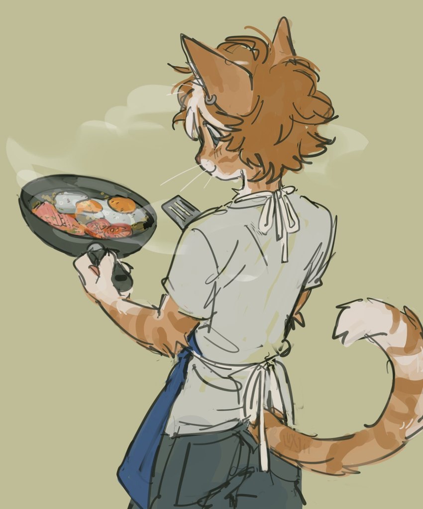 anthro apron belly blue_apron blue_clothing blue_eyes bottomwear clothing cookware ear_piercing food fried_egg fruit frying_pan fur hair highlights_(coloring) holding_object holding_pan kitchen_utensils male markings orange_body orange_fur orange_hair pants piercing plant rear_view salmon_(food) shirt short_hair slim solo spatula steam striped_body striped_fur striped_markings striped_tail stripes tail tail_markings tomato tools topwear wavy_hair whiskers white_belly white_clothing white_highlights white_shirt white_topwear luxjii domestic_cat felid feline felis mammal 2024 digital_media_(artwork) hi_res