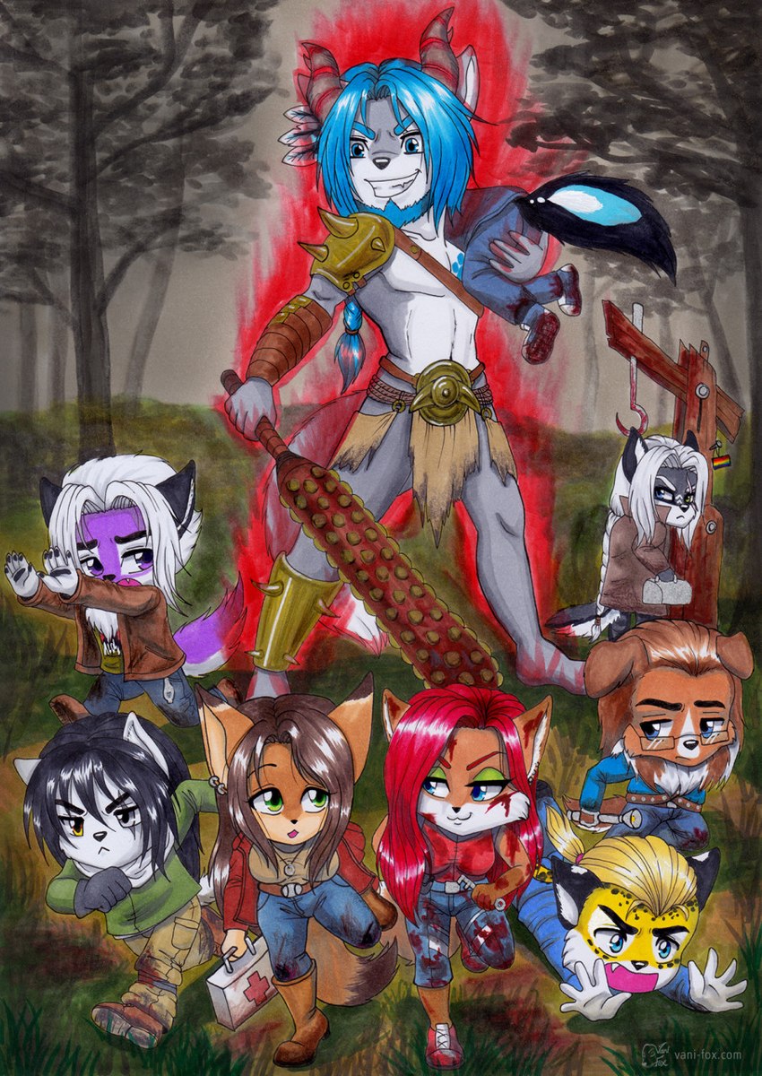 anthro armor aura blonde_hair blood blue_hair bodily_fluids boots bottomwear clothed clothing club_(weapon) facial_hair facial_scar flashlight footwear fully_clothed group hair holding_object holding_weapon hook kanabō key loincloth male medkit melee_weapon red_aura red_hair scar shoes toolbox weapon vani-fox capcom dead_by_daylight evil_dead resident_evil ash_williams claire_redfield jake_park jeff_johansen meg_thomas nightwind the_oni_(dbd) zachary_antireaper zhet_illuma canid canine canis cheetah felid feline fox mammal red_fox true_fox wolf hi_res