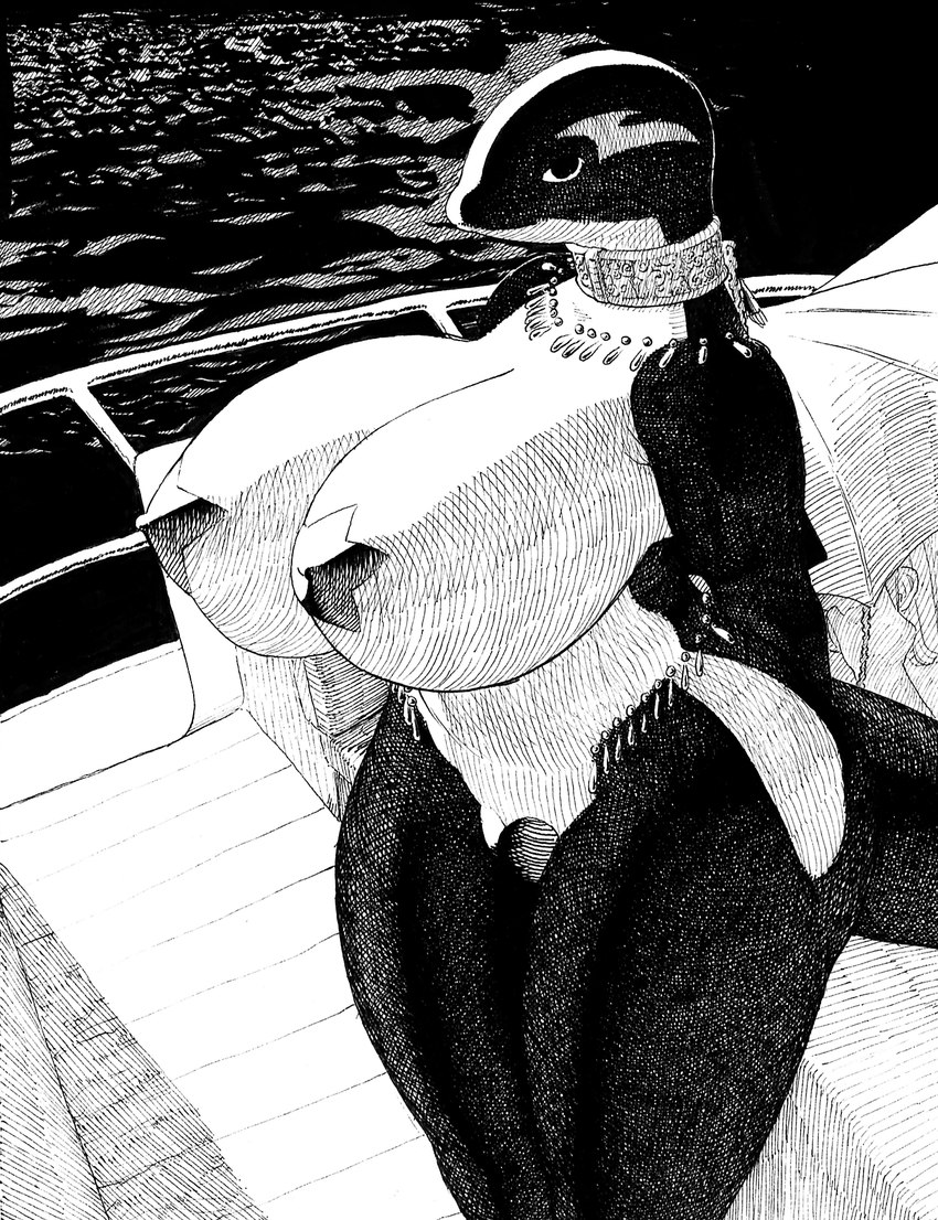 ambiguous_gender big_breasts boat breasts chain collar curvy_figure duo female huge_breasts huge_thighs looking_at_viewer metal_collar pasties sea tassels thick_thighs umbrella vehicle voluptuous water watercraft realius cetacean dolphin human mammal marine oceanic_dolphin orca toothed_whale 2023 hi_res monochrome pen_(artwork) traditional_media_(artwork)