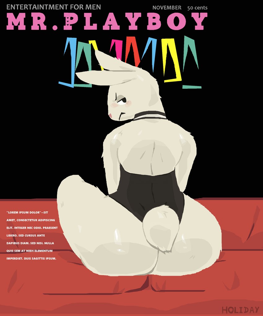 ambiguous_gender annoyed anthro big_butt blush butt clothed clothing embarrassed frown fur furniture inside light looking_at_viewer looking_back magazine narrowed_eyes partially_clothed pose sitting skimpy sofa solo text turned_away white_body white_fur conditional_dnp holidaydipstick playboy mr._playboy lagomorph leporid mammal rabbit 2021 absurd_res cover digital_media_(artwork) english_text hi_res lighting magazine_cover pinup shaded