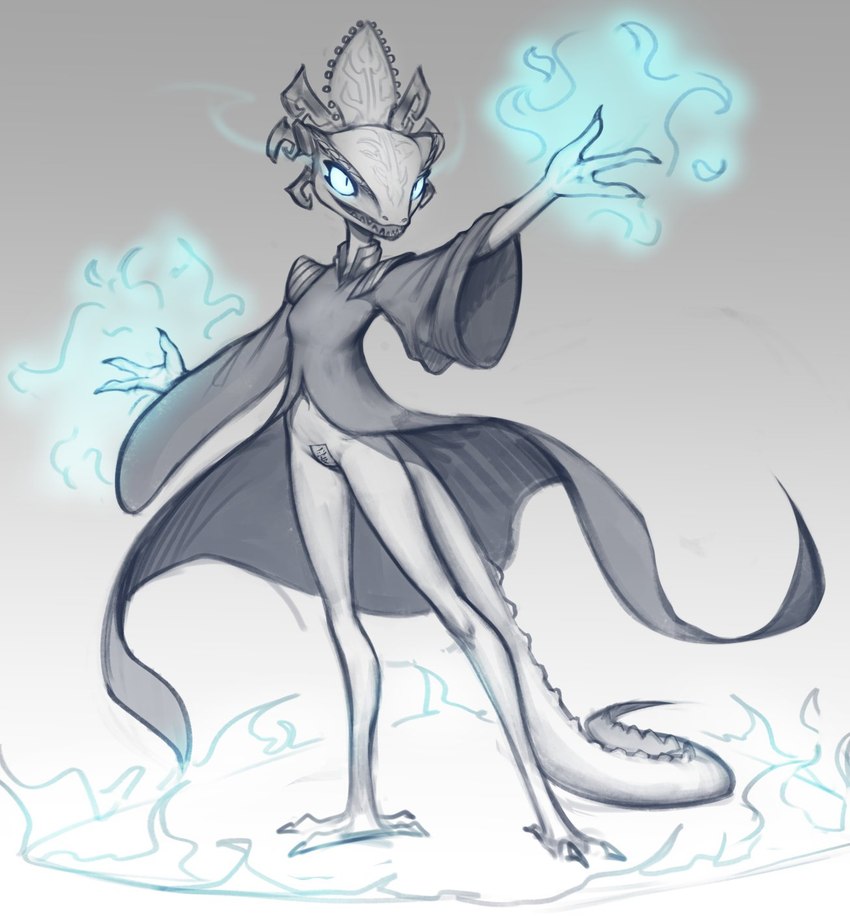 anthro bottomless bottomless_anthro bottomless_female clothed clothing convenient_censorship elemental_manipulation female fire fire_manipulation headgear magic pussy_tape simple_background solo tail tape topwear white_background w4g4 dreamworks kung_fu_panda chameleon_(kung_fu_panda) chameleon lizard reptile scalie 2023 black_and_white digital_media_(artwork) hi_res monochrome