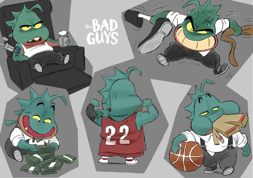 anthro ball basketball basketball_(ball) beverage_can biped bodily_fluids bottomwear chewing clothing cross-popping_vein drooling green_body leg_pull male money multiple_poses pants pose saliva shirt shorts sitting solo sports_uniform suspenders tail tail_pull tattoo topwear chibetto dreamworks the_bad_guys mr._piranha_(the_bad_guys) fish marine piranha_(fish) serrasalmid absurd_res concept_art hi_res official_art