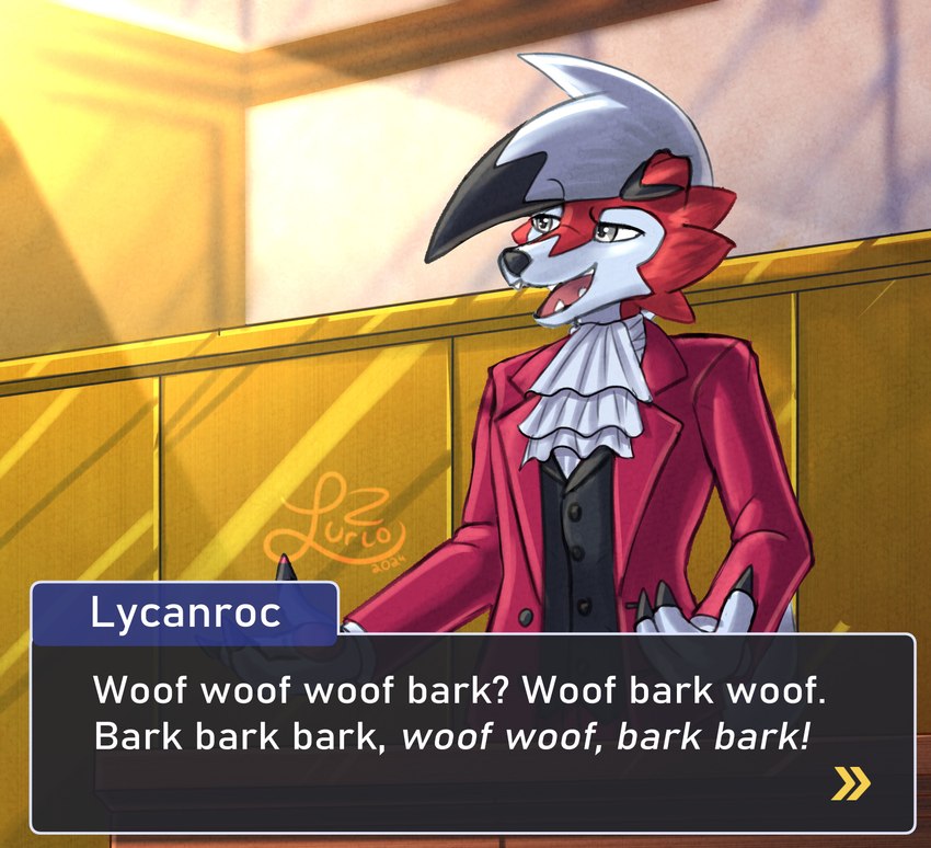 ambiguous_gender anthro claws clothing dialogue_box fangs fur grey_eyes hair open_mouth red_body red_fur solo suit teeth text tongue white_hair lurio ace_attorney capcom nintendo pokemon miles_edgeworth canid canine generation_7_pokemon lycanroc mammal midnight_lycanroc pokemon_(species) 2024 absurd_res dated english_text hi_res signature