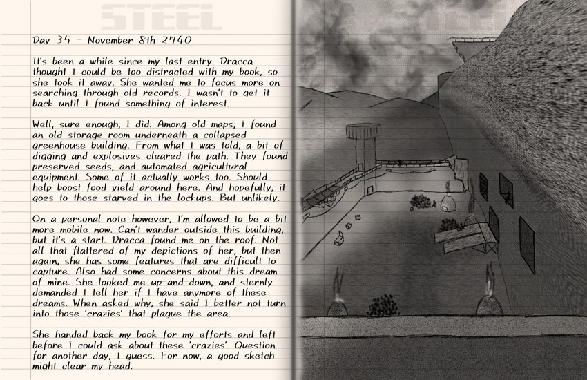 ambiguous_gender anomaly book broken_building cloud desert destroyed_building destroyed_landscape diary fire first_person_view grey_sky guard hill journal mine paper prison ramp rock sand sky smelter stick_figure text tower wall_(structure) from_the_archives english_text hi_res monochrome sketch story