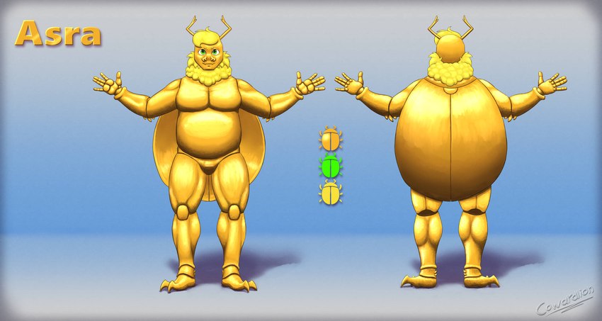 ambiguous_gender antennae_(anatomy) anthro color_swatch featureless_crotch front_and_back front_view golden_body golden_scarab_beetle metallic_body rear_view solo cowardlion arthropod beetle insect scarabaeid hi_res model_sheet nonbinary_(lore)