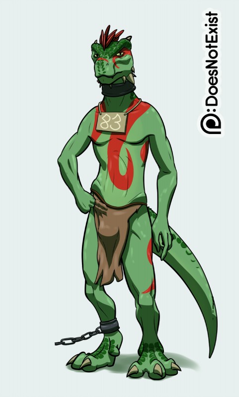 biped bottomwear bulge chain claws clothed clothing collar digitigrade feathers green_body green_scales horn loincloth looking_at_viewer male red_body red_feathers scales sign slave solo standing topless doesnotexist microsoft the_elder_scrolls fan_character shows-his-scales argonian scalie 2017 digital_media_(artwork) hi_res