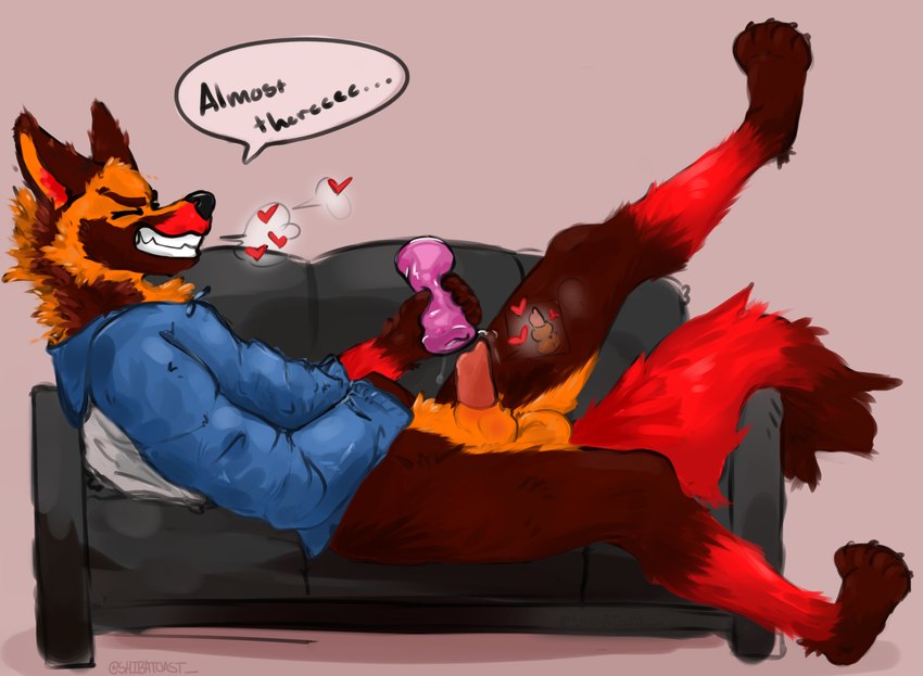 animal_genitalia anthro arm_tuft ball_tuft balls bodily_fluids bottomless cheek_tuft clenched_teeth clothed clothing dialogue dialogue_box edging edging_display elbow_tuft facial_tuft feet femboy fluffy fluffy_chest fluffy_ears fluffy_hair fluffy_tail furniture genital_fluids genitals hair heart_symbol hoodie hoodie_only knot knotting male masturbating_under_clothing masturbation neck_tuft paws penetrable_sex_toy precum sex_toy sheath skinny_male slim small_waist sofa solo speech_bubble tail teeth text topwear topwear_only tuft shibatoast canid canine fox mammal true_fox absurd_res hi_res shaded