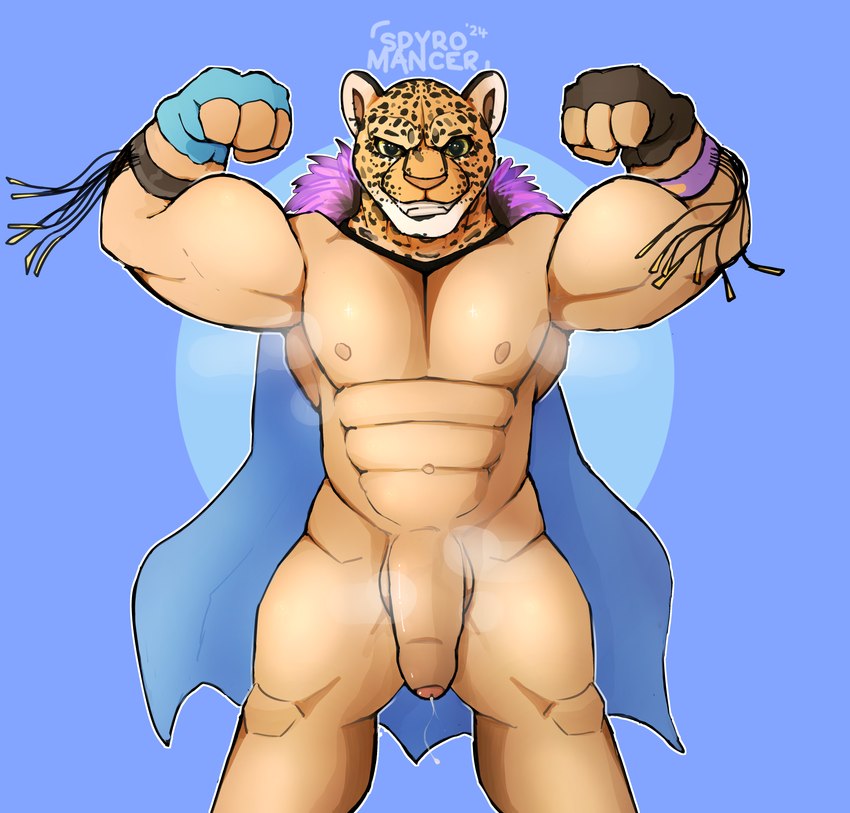 abs balls bared_teeth biceps big_balls big_penis bodily_fluids brown_body brown_fur cape clenched_teeth clothing confident confident_male cuffs_(clothing) cum eyebrows fangs feathered_cape feathers flaccid flexing flexing_bicep flexing_biceps flexing_both_biceps flexing_muscles foreskin fur genital_fluids genitals gloves gradient gradient_background green_eyes handwear huge_balls leaking leaking_cum leaking_penis leaking_precum luchador male markings mask muscular muscular_humanoid muscular_male muscular_thighs navel nipples orange_body orange_fur orange_nose pecs penis precum purple_body purple_feathers raised_arm raised_eyebrow simple_background smile smiling_at_viewer solo spots spotted_body spotted_fur spotted_markings standing tan_body tan_skin teeth teeth_showing text white_body white_skin wrestler dergsalot tekken tekken_8 king_(tekken) animal_humanoid felid felid_humanoid humanoid jaguar jaguar_humanoid mammal mammal_humanoid pantherine pantherine_humanoid 2024 absurd_res hi_res