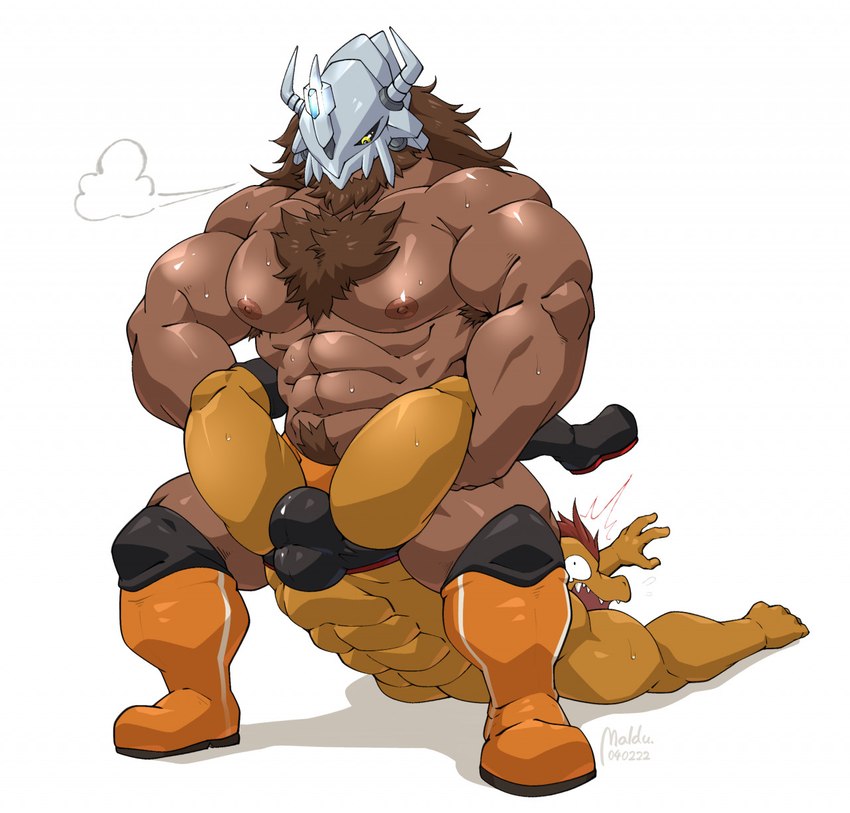 abs anthro armor body_hair boston_crab bulge chest_hair clothing detailed_bulge duo headgear helmet male male/male muscular muscular_anthro nipples pecs pubes speedo swimwear wrestling maldu bandai_namco digimon fan_character solgreymon digimon_(species) wargreymon hi_res