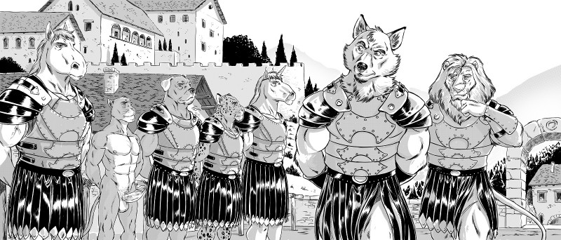 anthro armor balls building casual_erection casual_nudity clothed clothed/nude clothed_male clothing erection genitals group horn male nude nude_male only_one_nude outdoor_nudity outside public_erection furryrevolution mythology farryn sebring tuketu canid canine canis domestic_dog equid equine felid horse lion mammal mastiff molosser mythological_creature mythological_equine panthera pantherine rottweiler unicorn hi_res monochrome