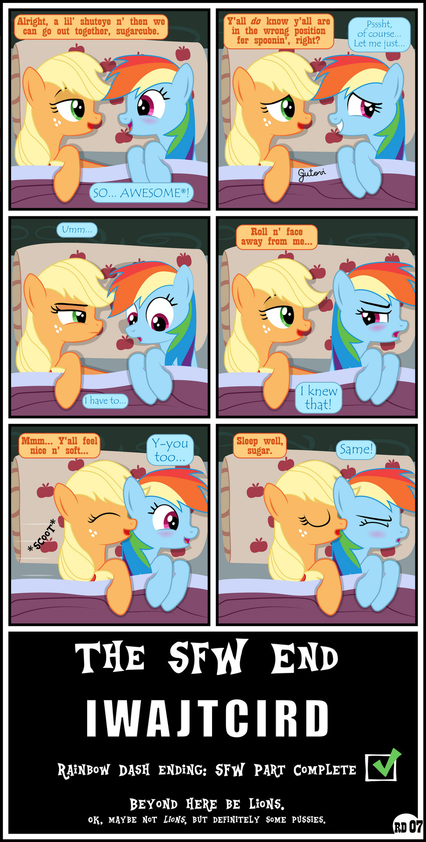 base_three_layout blonde_hair dialogue duo female feral grid_layout hair multicolored_hair orange_body rainbow_hair six_frame_grid six_frame_image text three_row_layout gutovi-kun friendship_is_magic hasbro my_little_pony applejack_(mlp) rainbow_dash_(mlp) equid mammal absurd_res comic english_text hi_res