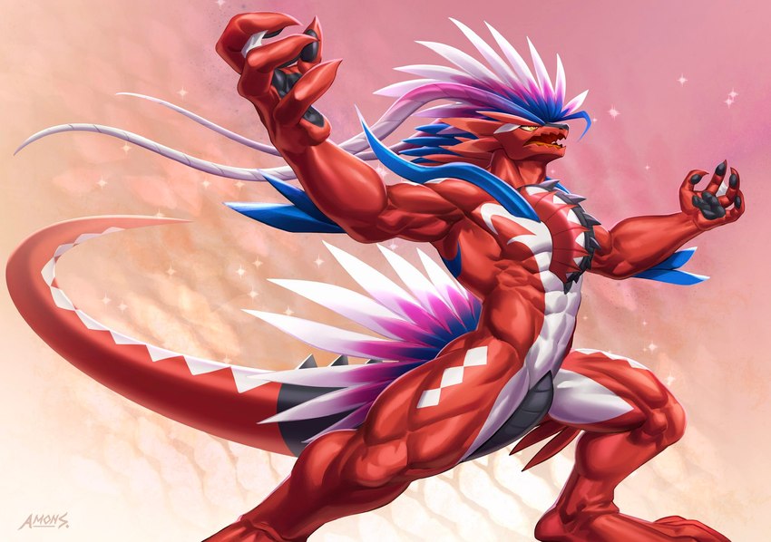 4_fingers abs abstract_background amber_eyes anthro arm_spikes biceps chest_spike claws elbow_feathers elbow_spikes feathers feet fingers hair hind_legs horn jaws long_horn long_tail looking_up male markings multicolored_body multicolored_hair multicolored_skin muscular muscular_anthro muscular_legs muscular_male muscular_thighs open_mouth patterns pecs pokemorph pose pupils raised_arms red_body red_skin scales serratus sharp_fangs slit_pupils solo spikes spikes_(anatomy) spiky_hair tail talons toes ventral_scales white_body yellow_eyes amon-sydonai nintendo pokemon ancient_pokemon apex_build_koraidon generation_9_pokemon koraidon legendary_pokemon paradox_pokemon pokemon_(species) scalie digital_media_(artwork) hi_res