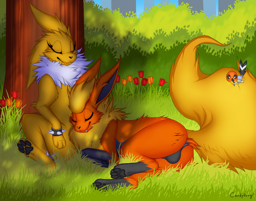 alternate_color anatomically_correct anus balls belly black_belly black_paws bracelet casual_nudity duo female feral flower genitals jewelry male male/female outside plant sleeping spiked_bracelet spikes candyfoxy nintendo pokemon akira_(candyfoxy) fyre avian bird eeveelution flareon fletchling generation_1_pokemon generation_6_pokemon jolteon pokemon_(species) digital_media_(artwork) shaded