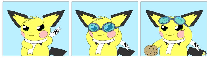 ambiguous_gender cookie eyewear eyewear_on_head feral food fur goggles goggles_on_head logo scarf simple_background solo wearing_goggles white_scarf yellow_body yellow_fur pichu90 nintendo pokemon sparks_pichu generation_2_pokemon pichu pokemon_(species) 2024 absurd_res artist_logo comic hi_res