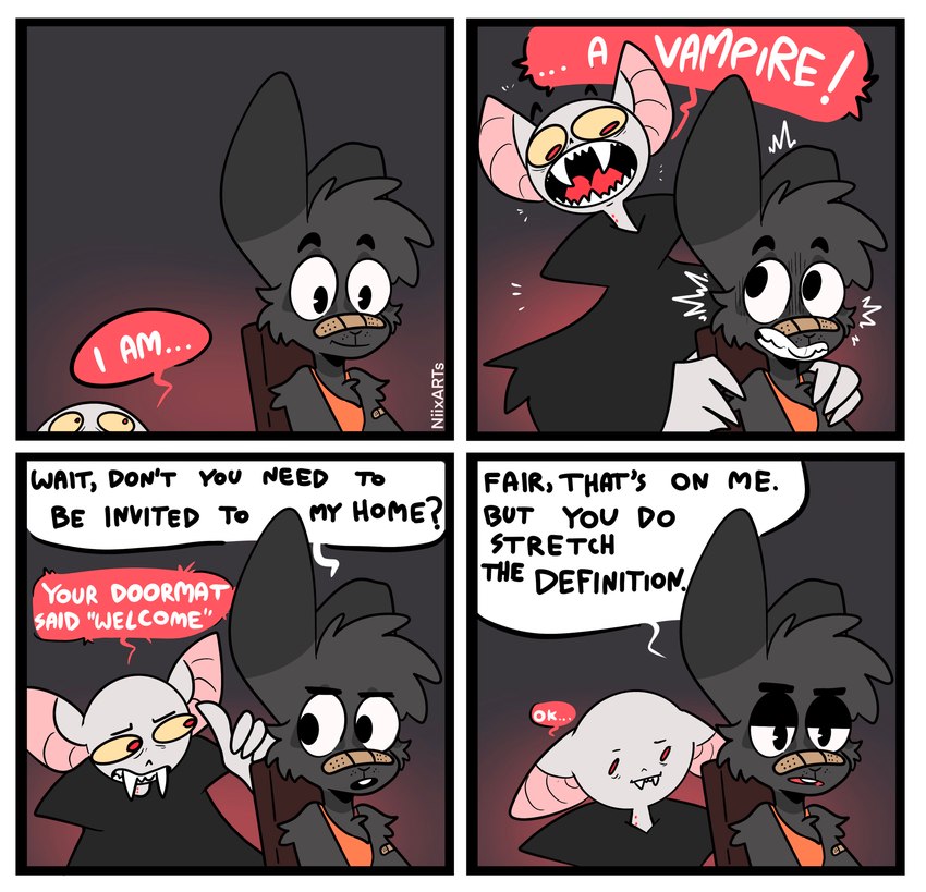 4_panel_comic anthro arm_tuft band-aid band-aid_on_face band-aid_on_nose bandage bandage_on_face bandage_on_nose black_body black_fur cape cheek_tuft chest_tuft clenched_teeth clothing dialogue dot_eyes duo ears_down facial_tuft fur gradient_background grey_body grey_fur half-closed_eyes humor long_fangs male narrowed_eyes open_mouth pivoted_ears shirt shoulder_tuft simple_background speech_bubble tank_top teeth text topwear tuft wide_eyed yellow_sclera xing1 nick_(the_xing1) bat lagomorph leaf-nosed_bat leporid mammal microbat rabbit vampire_bat yangochiropteran absurd_res english_text hi_res