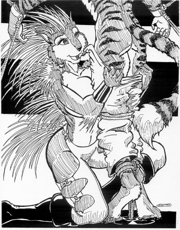 anthro armor big_breasts boots bound bracers breasts chaps clothing dominant dominant_female duo female footwear humanoid_pointy_ears knee_boots knee_highs legwear male pointy_ears rope shoes submissive submissive_male tail undressing oscar_marcus felid mammal pantherine porcupine rodent tiger 1995 greyscale monochrome