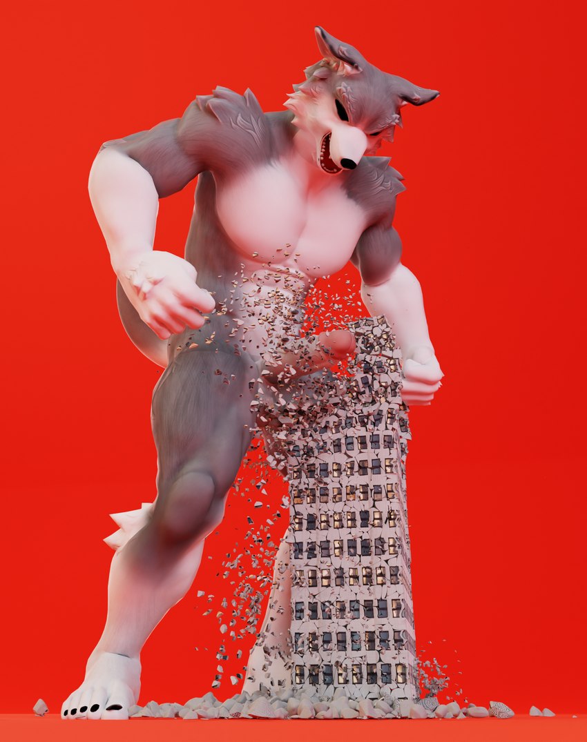 angry anthro balls building building_destruction destruction erection genitals humanoid_genitalia humanoid_penis macro male monotone_background muscular muscular_anthro muscular_male nude penile penis rampage simple_background solo tail wreckage bigkami canid canine canis mammal wolf 2024 3d_(artwork) blender_(artwork) digital_media_(artwork) hi_res