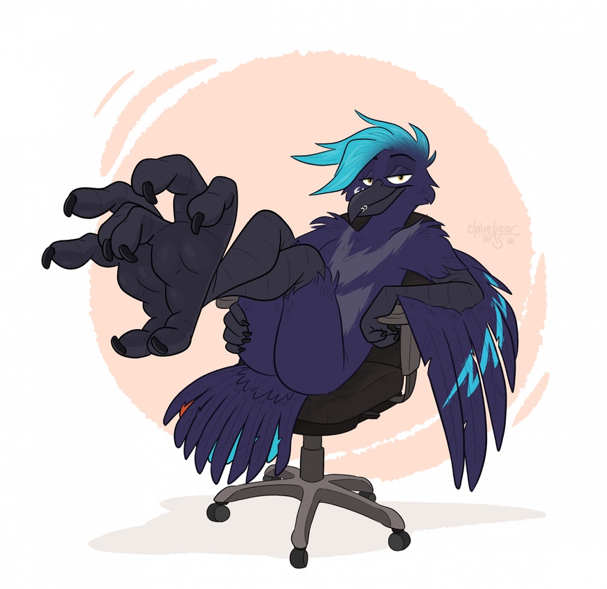 abstract_background anthro bedroom_eyes biped feathers feet foot_fetish foot_focus hair legs_up looking_at_viewer male narrowed_eyes seductive simple_background solo tail talons teasing_with_feet toes clairebearart strawbear cade_harrow avian bird corvid corvus_(genus) crow oscine passerine digital_drawing_(artwork) digital_media_(artwork) hi_res