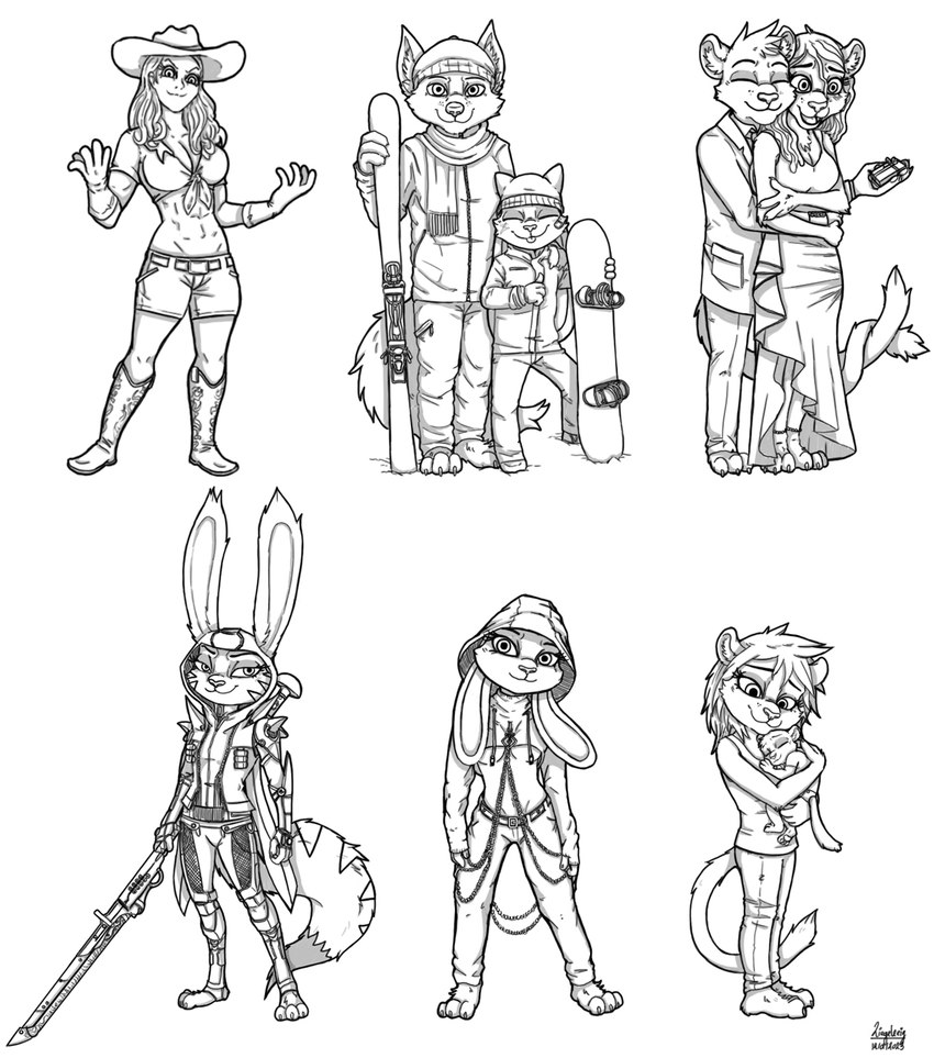 anthro duo female male solo weapon ziegelzeig bad_guy_cafe ariane_jones_(cimar_wildehopps) cathleen_velvetpaw dwight_fries eileen_(sapperjoe) felicitas_(shevron) mick_fries rohan_(jojophoenix) shevron canid canine canis felid fox human hybrid lagomorph leporid mammal pantherine rabbit wolf 2023 black_and_white hi_res monochrome sketch