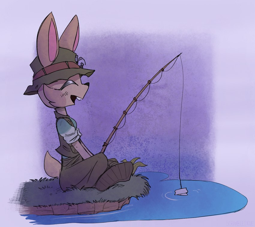 anthro clothed clothing eyes_closed female fishing fishing_rod fur hat headgear headwear open_mouth simple_background solo yellow_body yellow_fur scrambledeve the_bunny_graveyard skye_(tbg) lagomorph leporid mammal rabbit