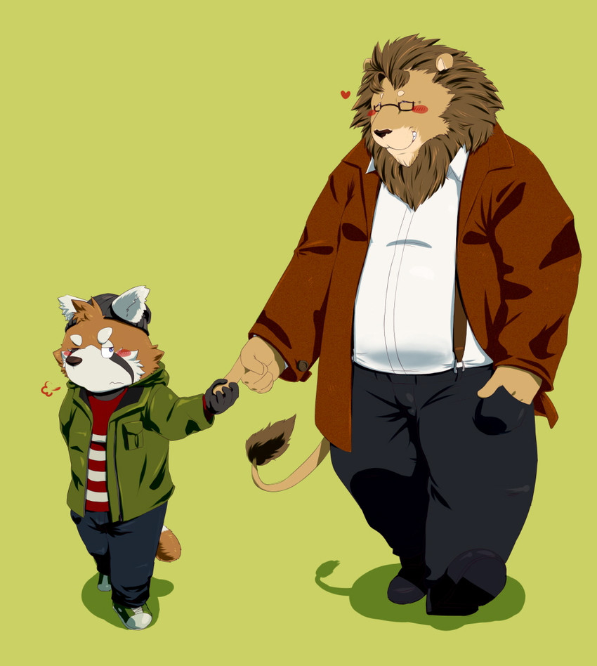 anthro blush bottomwear clothing duo eyewear glasses heart_symbol hoodie kemono male overweight overweight_male pants shirt simple_background topwear wdh3905 ailurid felid lion mammal pantherine red_panda 2014