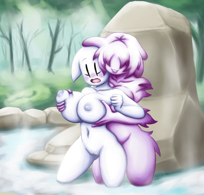 big_breasts blush bodily_fluids breast_grab breast_play breast_squish breasts duo eyelashes female female/female floating_hands forest genitals hair hair_over_eye hair_over_eyes hand_on_breast hot_spring huge_breasts lactating long_ears nipples not_furry nude one_eye_obstructed plant purple_body purple_skin pussy shocked squish surprise surprised_expression thick_thighs tree water white_body pamvllo shy_ayu superwiibros08 lakuba_(shy_ayu) lita_(superwiibros08) ghost human humanoid mammal spirit hi_res