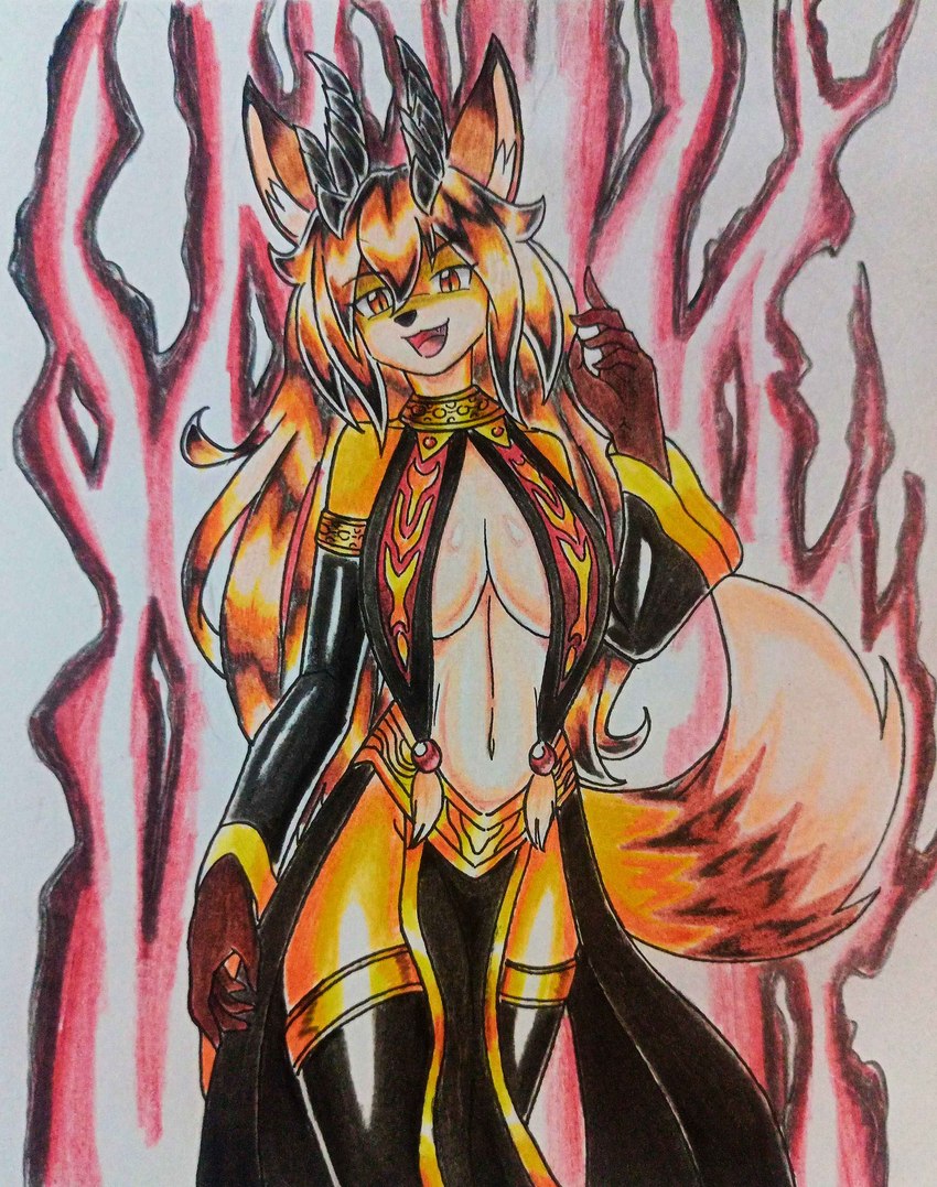 anthro black_body black_fur black_hair breasts clothing dress female fur hair head_fur horn orange_body orange_fur red_eyes solo tail white_body white_fur ideltasarc333 foxxi canid canine fox mammal absurd_res hi_res