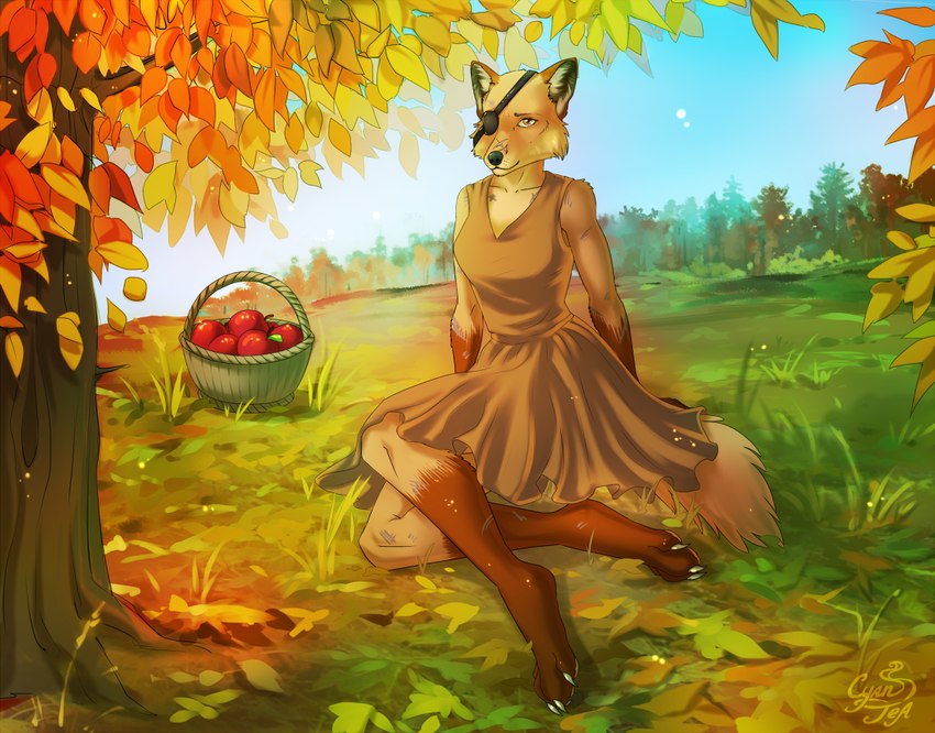 4_toes anthro apple autumn barefoot basket brown_body brown_fur claws clothing container digitigrade dress eye_patch eyewear facial_scar feet female food fruit fruit_basket fur gloves_(marking) grass leaf leg_markings looking_at_viewer markings orange_body orange_eyes orange_fur pawpads paws pink_pawpads plant romantic romantic_ambiance scar sitting sitting_on_grass sitting_on_ground smile smiling_at_viewer socks_(marking) solo sundress toes tree warm_lighting white_body white_fur cyantea mutant:_year_zero mutant_(franchise) farrow_(mutant:_year_zero) canid canine fox mammal red_fox true_fox signature warm_colors