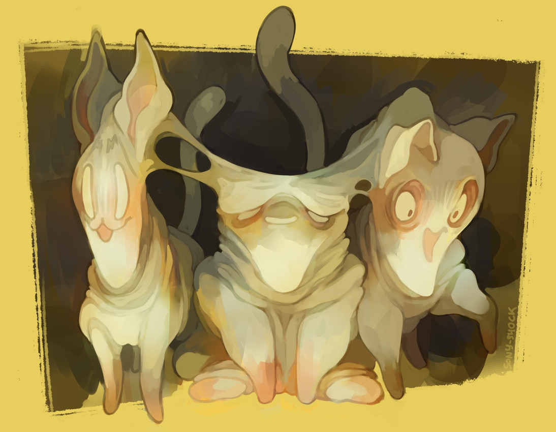 ambiguous_gender black_eyes brown_body brown_fur conjoined empty_eyes feral front_view fur group long_face multicolored_body multicolored_fur quadruped sitting slime smile tail tan_body tan_ears tan_fur tan_sclera tan_tail text trio two_tone_body two_tone_fur sony-shock mewgenics domestic_cat felid feline felis mammal 2023 artist_name digital_media_(artwork) hi_res