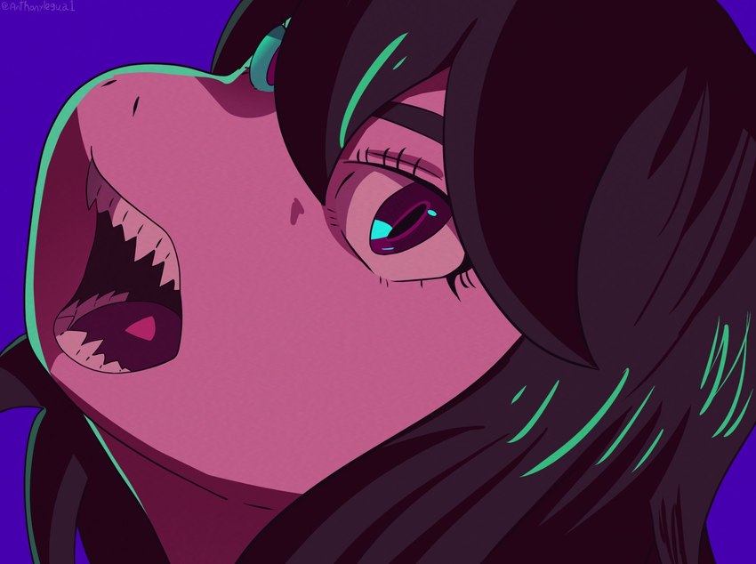 anthro bangs dark_hair eyelashes female hair looking_at_viewer open_mouth pink_body pink_skin purple_background purple_eyes sharp_teeth simple_background solo teeth anthonylegua1 dandadan deltarune undertale_(series) susie_(deltarune) reptile scalie 2024 artist_name colored crossover hi_res