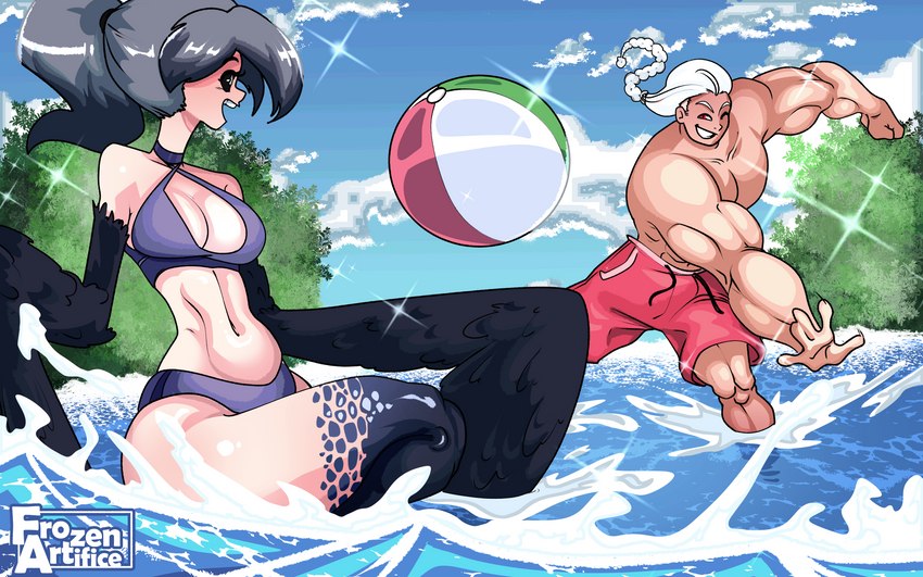 ball beach beach_ball braided_hair braided_ponytail breasts butt clothed clothing dark_sclera duo feathered_wings feathers female hair inflatable male monster_girl_(genre) muscular nipples outside playing ponytail pool_toy seaside sky slim small_waist smile splash swimming_trunks swimwear thick_thighs topless water white_hair wings frozenartifice european_mythology greek_mythology mythology animal_humanoid avian avian_humanoid goliath_(dnd) harpy humanoid mammal mythological_avian mythological_creature 16:10 absurd_res digital_media_(artwork) hi_res widescreen