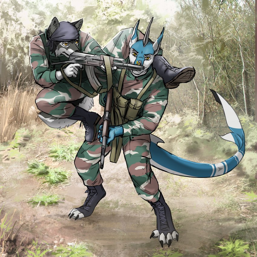 aiming anthro boots carrying_another carrying_partner claws clothing detailed_background duo footwear gun hat headgear headwear kerchief male military military_uniform ranged_weapon rifle shoes tactical tail topwear uniform vest weapon techiesxc canid canine canis fish hybrid mammal marine shark wolf 1:1 digital_media_(artwork) hi_res sketch