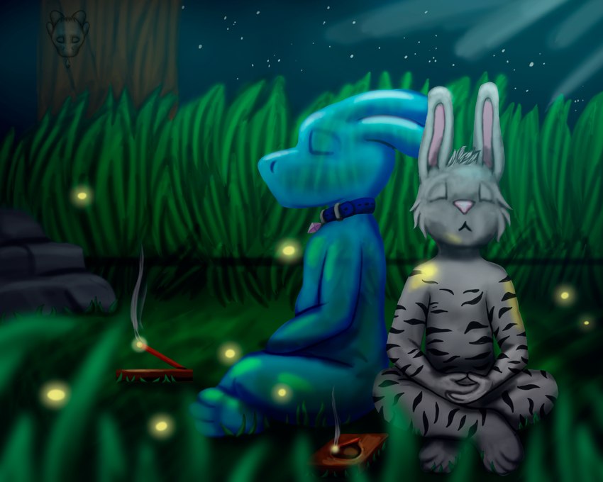 anthro duo eyes_closed grass incense incense_burner incense_stick male male/male meditation plant smoke theslimedragon hohan arthropod beetle elateroid felid firefly hybrid insect lagomorph leporid mammal pantherine rabbit slime_dragon tiger 5:4 hi_res