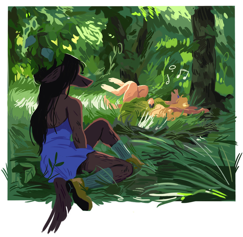 anthro clothing dress duo female footwear forest grass legwear lying on_back plant romantic romantic_ambiance romantic_couple singing socks tree uzon basha_(uzon) jessie_(uzon) canid canine canis deer mammal wolf absurd_res hi_res