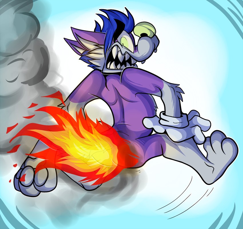 anthro blue_hair burning butt butt_on_fire fire fluffy fluffy_tail fur green_eyes hair looking_at_butt looking_at_own_butt looking_back looking_back_at_self looking_down looking_down_at_butt looking_down_at_self male pain purple_body purple_fur rear_view sharp_teeth smoke solo tail tail_on_fire teeth fatalsyndrome frankie_(ravishingronald) canid canine canis domestic_dog husky mammal nordic_sled_dog spitz digital_media_(artwork) hi_res